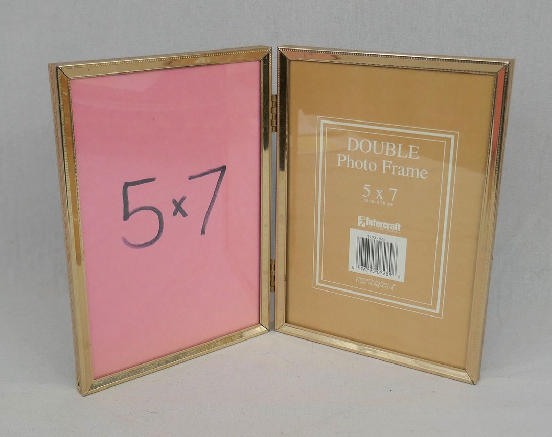 Vintage Hinged Double Picture Frame Tabletop or Wall Gold Tone Metal W