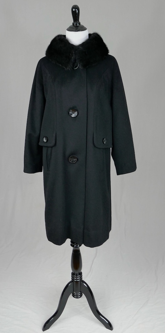 60s Kay Mcdowell Coat - Black Wool W/ Fur Collar - Big Buttons