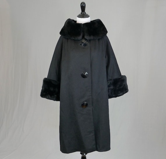 60s Black Coat w/ Faux Fur Collar and Cuffs - Big… - image 1