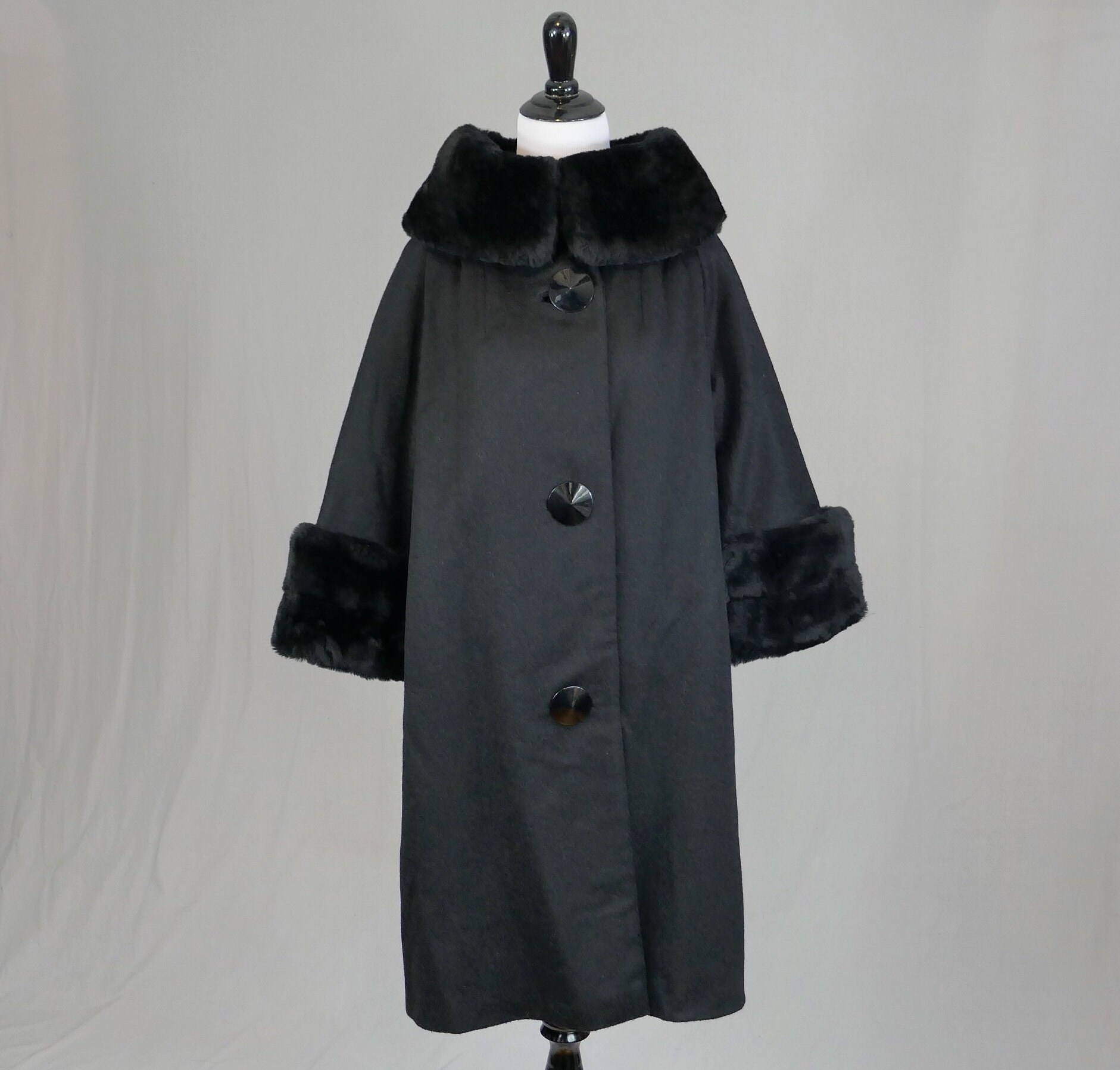 60s Black Coat W/ Faux Fur Collar and Cuffs - Big Buttons