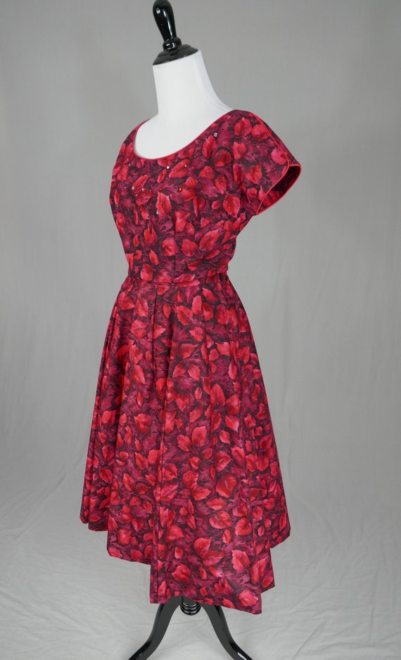 50s Red Leaf Print Dress - Rhinestones - Full Ski… - image 4
