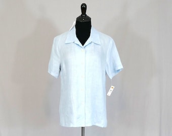 Vintage NWT Light Blue Linen Blouse - Embroidery, Subtle Lace Trim - Talbots Deadstock Shirt Top - Button Front - M