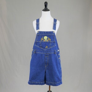 90s Tweety from Looney Tunes Shorts Overalls Embroidered Blue Cotton Jean Bib Shortalls Vintage 1990s XL Plus Size image 1