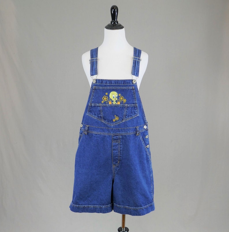 90s Tweety from Looney Tunes Shorts Overalls Embroidered Blue Cotton Jean Bib Shortalls Vintage 1990s XL Plus Size image 1