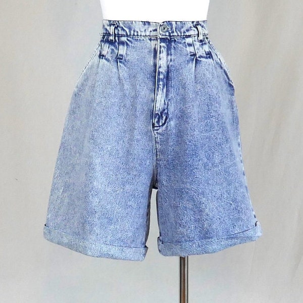 80s Jean Shorts - 28" waist - Pleated & Cuffed - Acid Wash - High Rise - Cotton Denim - Vintage 1980s - S M