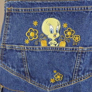 90s Tweety from Looney Tunes Shorts Overalls Embroidered Blue Cotton Jean Bib Shortalls Vintage 1990s XL Plus Size image 4