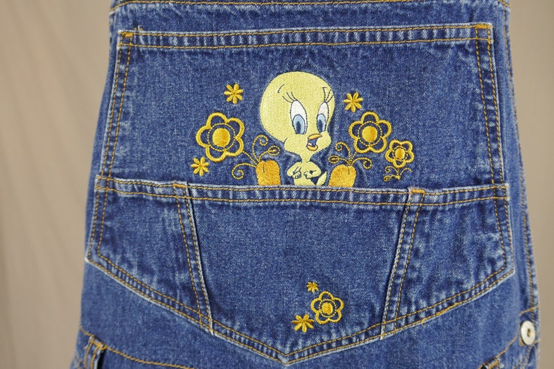 90s Tweety from Looney Tunes Shorts Overalls Embroidered Blue Cotton Jean Bib Shortalls Vintage 1990s XL Plus Size image 4