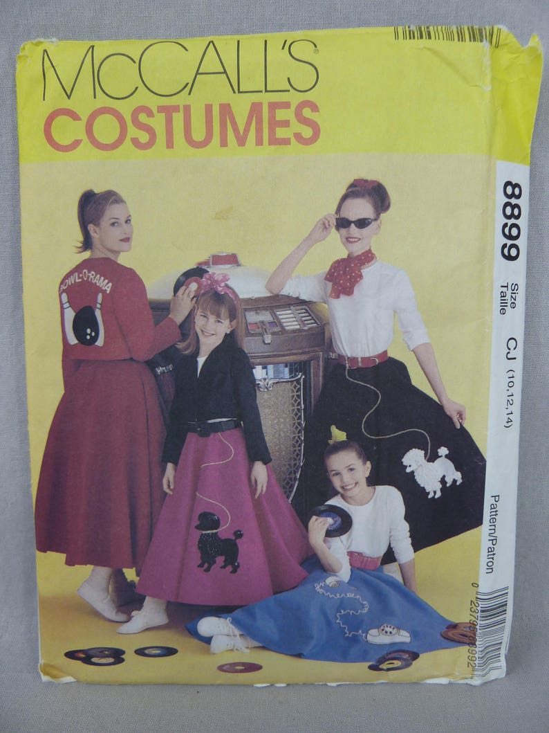 1997 Pattern 1950s Style Poodle Skirt Bowling Jacket Top Scarf Girls' Costume Uncut McCall's 8899 Size 10 12 14 Sewing Pattern image 2