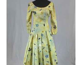 50s Unusual Green Butterfly Leaf Dress - Full Skirt - Asymmetrical Drop Waist - Vintage 1950s - S