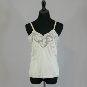 80s Pale Beige Camisole Lace Trim Nylon Cami Blouse Slip Undercover Wear Vintage 1980s Size S 34 image 1