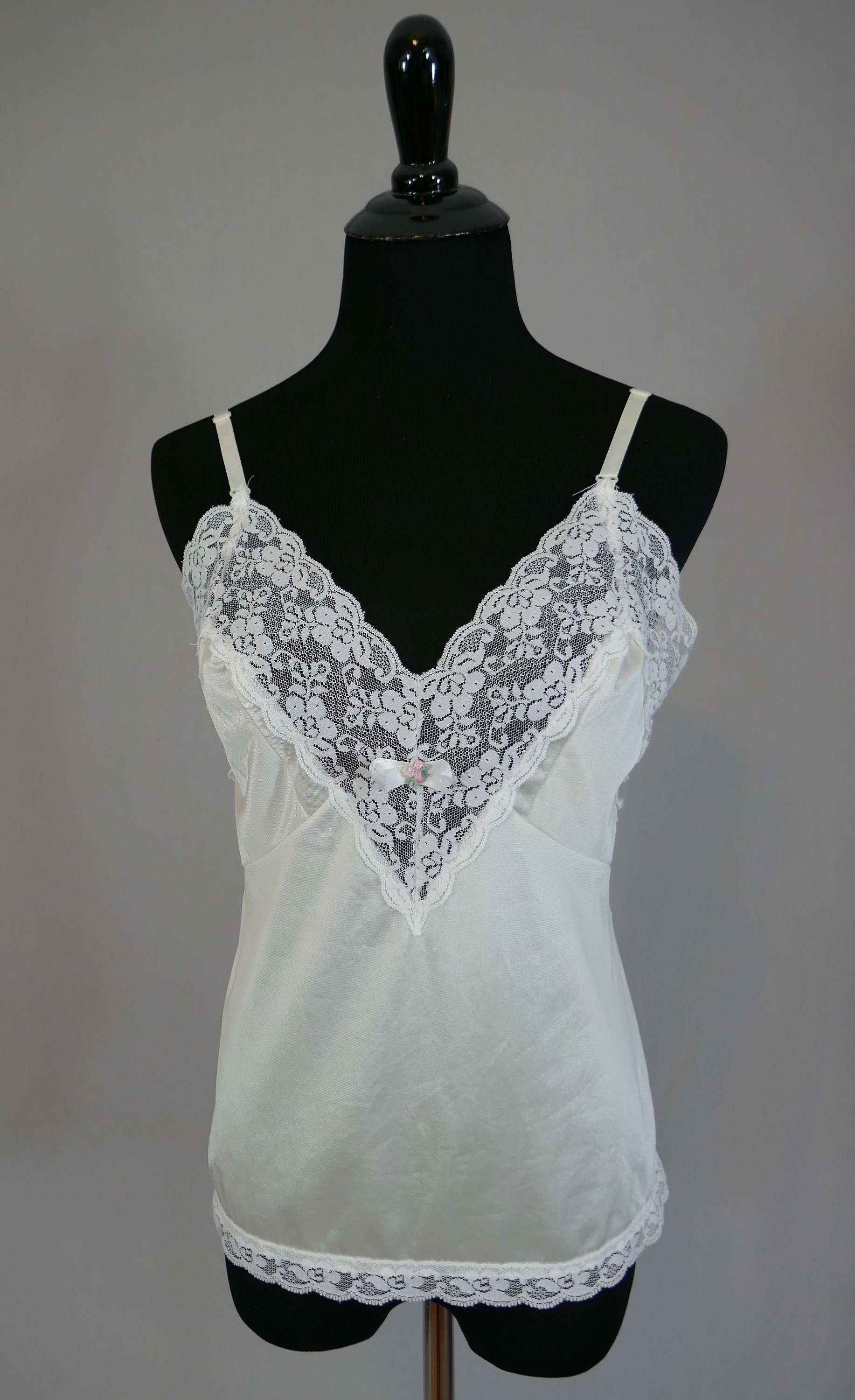 80s Off-white Camisole - Lace Trim - Nylon Cami Blouse Slip