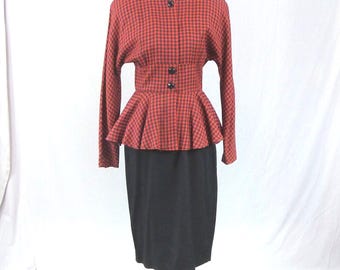 80s Red Black Check Dress - Peplum - 80s does 40s - Thick Shoulder Pads - Jackie Bernard for Eklektic - Vintage 1980s - S