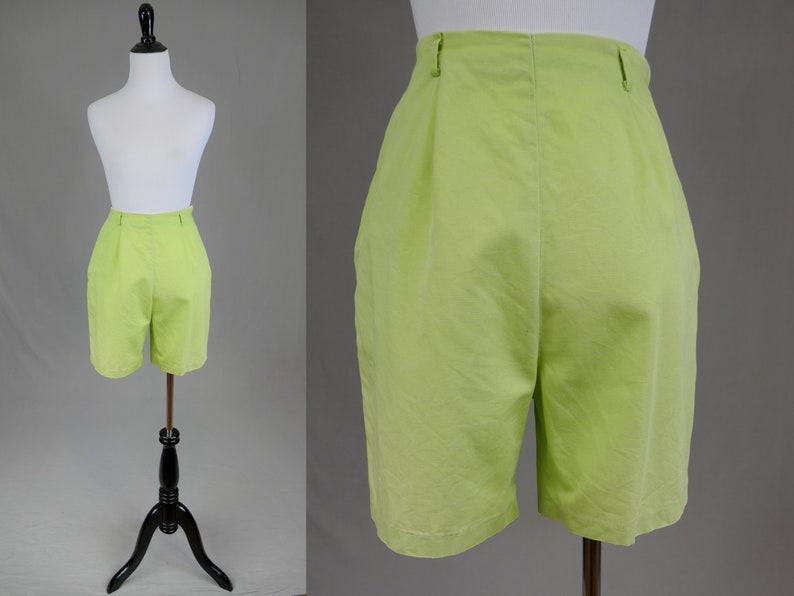 60s Light Green Shorts 26 waist High Waisted Cotton Side Metal Zipper Vintage 1960s image 2