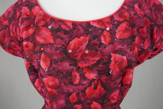 50s Red Leaf Print Dress - Rhinestones - Full Ski… - image 3