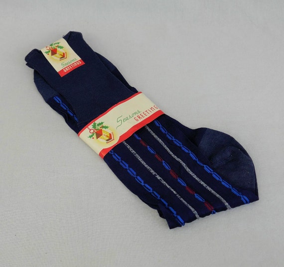 Men's Vintage Dress Socks - NOS NWT New Unworn Deadstock - Navy Blue w/ Red White - Rayon Cotton Blend - Mid-Century Hosiery Men's Vintage Dress Socks - NOS NWT New Unworn Deadstock - Navy Blue w/ Red White - Rayon Cotton Blend - Mid-Century Hosiery