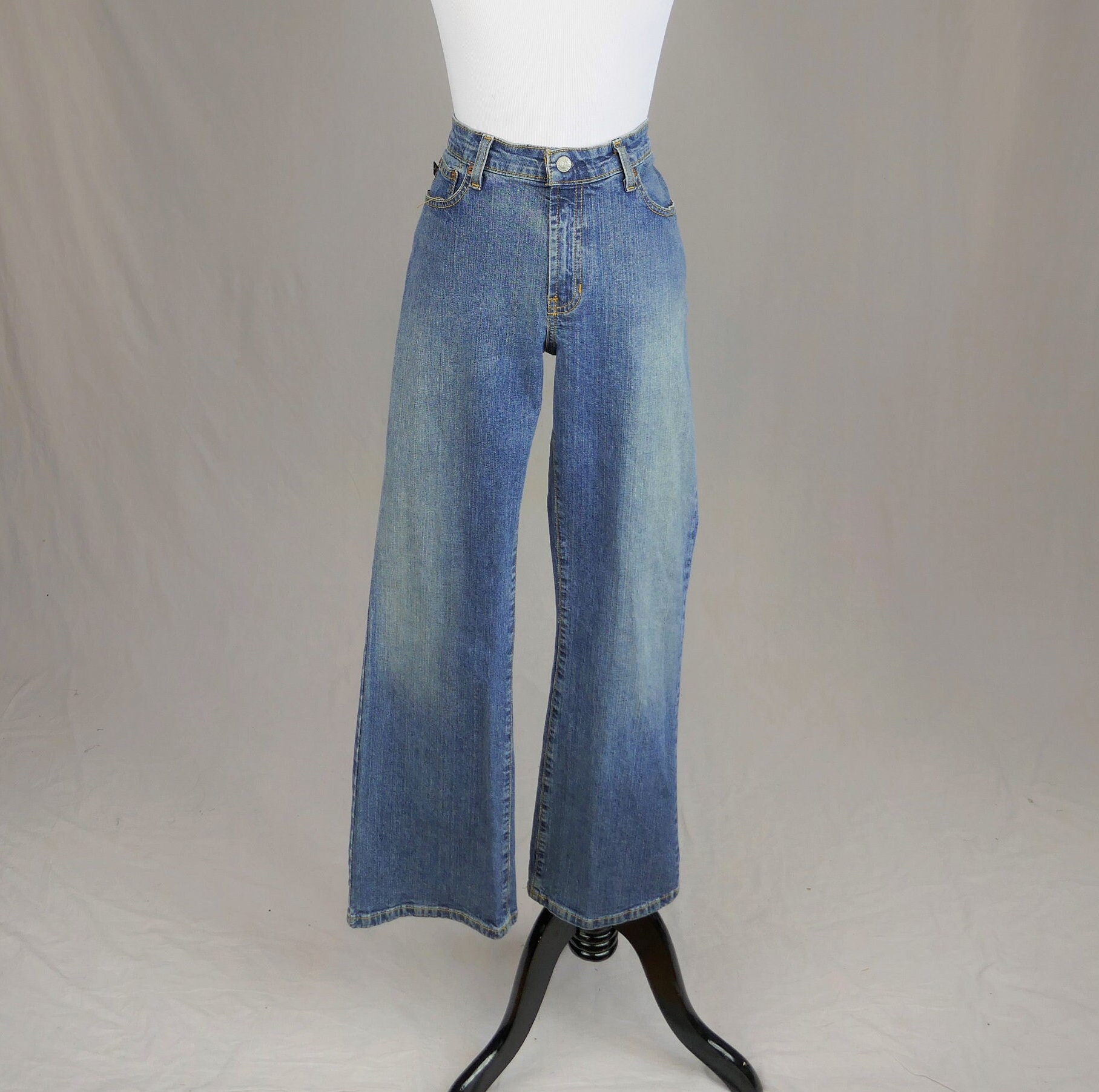 WhirligigEmporium 90s Y2K Polo Ralph Lauren Stretch Kelly Jeans - 34 35 Low Waist - Boot Cut Bootcut - Blue Cotton Denim - Vintage 1990s - 30 Inseam