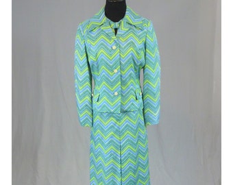 70s Dress and Jacket Set - Green Blue Chevron Stripes - Short Sleeve Dress Suit - Carillon Saks Fifth Avenue - Vintage 1970s - M