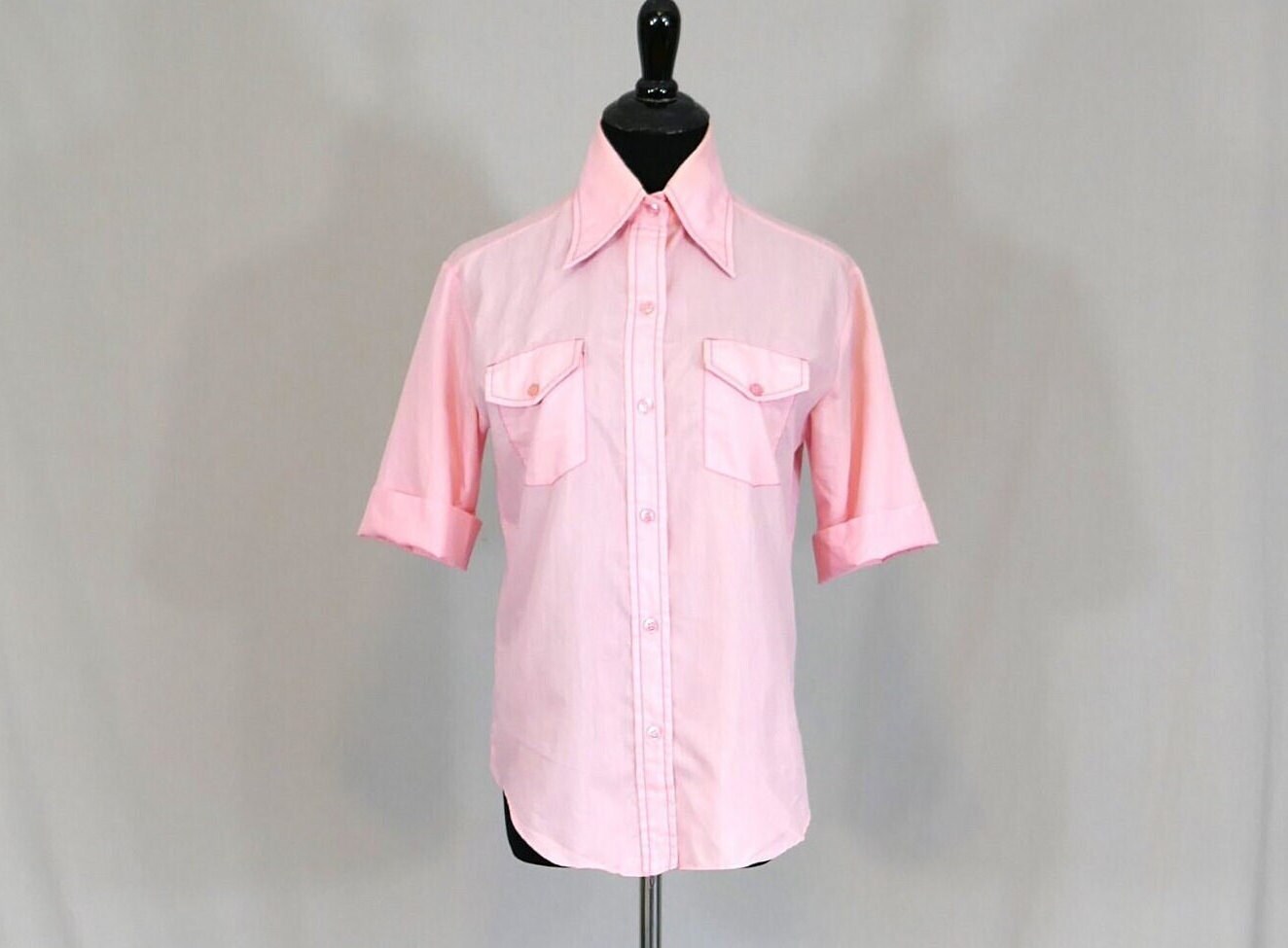 60s Pink Shirt - Cuffed Short Sleeve - Dark Pink Stitch - Talia - Vintage 1960s - S