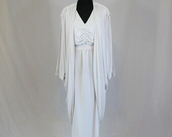 70s Pale Gray Formal Maxi Dress w/ Dramatic Draping Shawl - Rhinestones - Polyester Knit - Vintage 1970s - XL