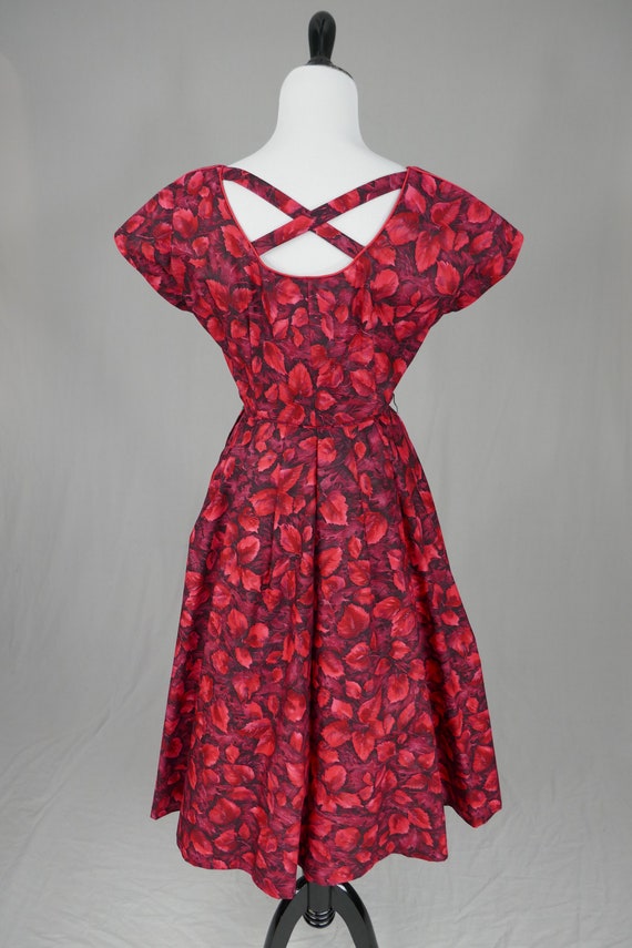 50s Red Leaf Print Dress - Rhinestones - Full Ski… - image 6