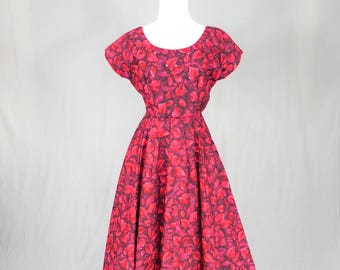 50s Red Leaf Print Dress - Rhinestones - Full Skirt - Vintage 1950s - S