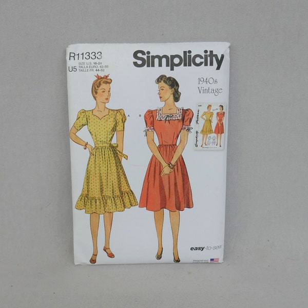 1940s Vintage Repro of 4316 - Misses' 40s Ruffle Hem Dress - UNCUT Simplicity R11333/S9464 - Size U5 16 18 20 22 24 - Sewing Pattern