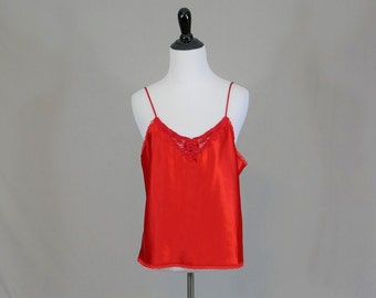 80s Bright Red Camisole - Lace Trim - Satin Finish - Cami Blouse Slip - Body Chic - Vintage 1980s - Size M