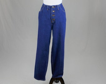 90s Button Fly Jeans - 31" waist - Dark Blue Cotton Denim - Tapered Leg - Newport News - Vintage 1990s - 28.75" inseam