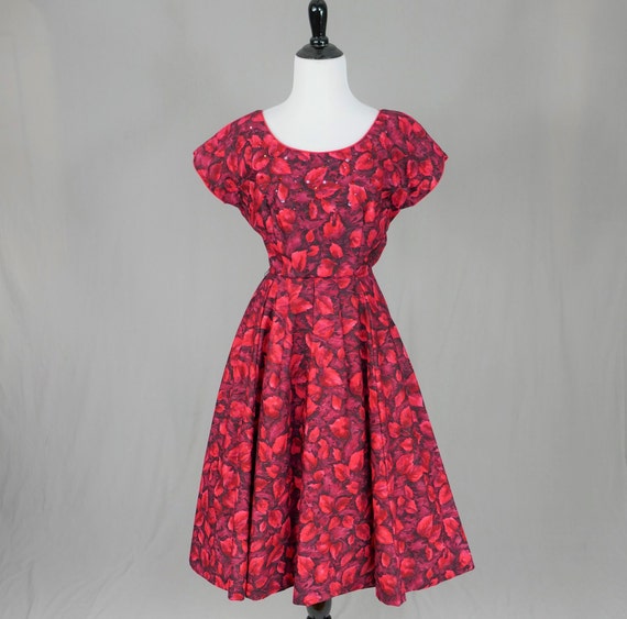 50s Red Leaf Print Dress - Rhinestones - Full Ski… - image 1