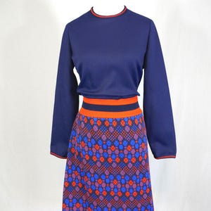 60s 70s Knit Dress - Dark Navy Blue Knit w/ Red Stripes and Purple Red Blue Floral Print Skirt - Fashioned by Patsy - Vintage 1960s 70s - M