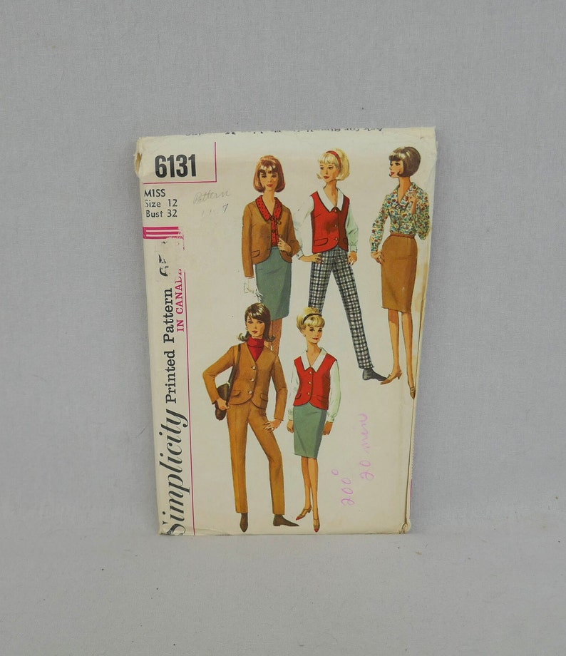 1965 Pattern Misses' Blouse, Jacket, Vest, Skirt, Slacks Uncut Simplicity 6131 Size 12 32 bust Vintage 1960s Sewing Pattern image 1