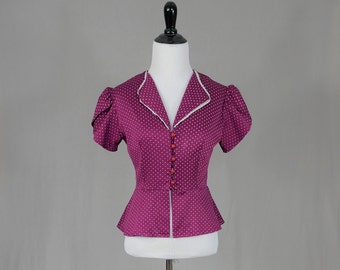 70s 80s Purple Jacket Top - White Polka Dots - Lightweight Knit - Peplum Waist - Vintage 1970s 1980s - S