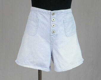 90s LA Blues Striped Shorts - 32" waist - White w/ Faded Blue Stripes - Button Fly - Cotton Denim - Vintage 1990s - M L