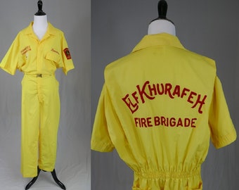 Howard's Vintage Shriner's Fire Brigade Jumpsuit - Elf Khurafeh Coverall - Yellow w/ Red Embroidery - L XL