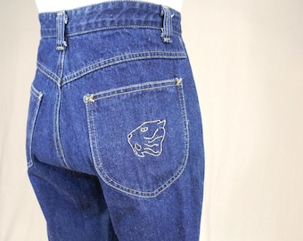 80s Sabertooth Tiger Jeans - 28" waist - Embroidered Pockets - High Rise Denim - Vintage 1980s - 33.5" inseam tall long