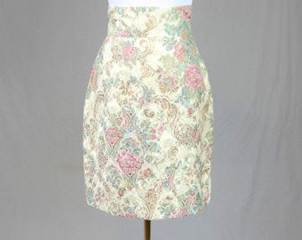 80s Floral Brocade Skirt - 29" waist - Cream Pink Blue Green Brown - High Waist - Paris Sport Club - Vintage 1980s - M
