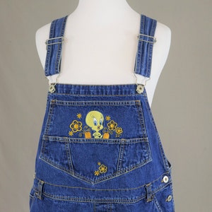 90s Tweety from Looney Tunes Shorts Overalls Embroidered Blue Cotton Jean Bib Shortalls Vintage 1990s XL Plus Size image 3
