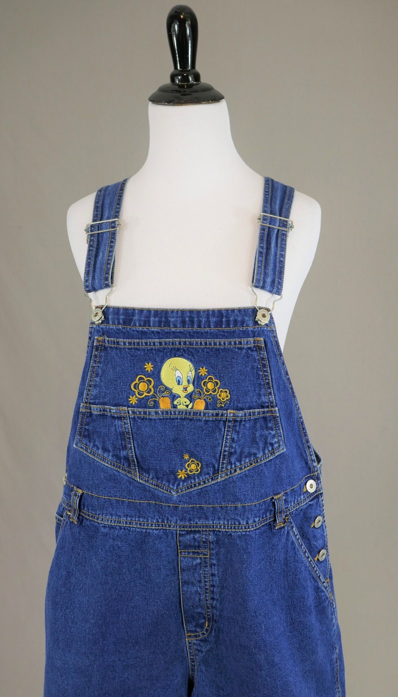 90s Tweety from Looney Tunes Shorts Overalls Embroidered Blue Cotton Jean Bib Shortalls Vintage 1990s XL Plus Size image 3