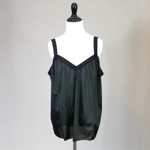 80s Black Camisole - Stretch Lace Straps and Trim - Nylon Cami Blouse Slip - Vintage 1980s - XL XXL