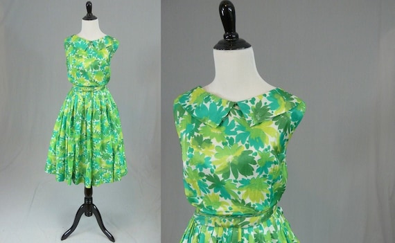 50s 60s Green Floral Dress - Full Skirt - Vintage