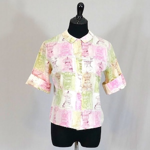 60s Onion Dome Tower Blouse - Pink Green Brown Off-White - Short Sleeves - Cotton - Vintage 1960s - Small 38" bust