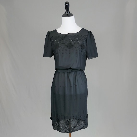 70s Sheer Black Dress - Embroidered Flowers Dots … - image 1