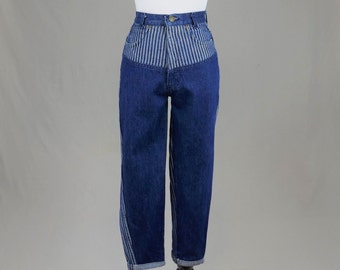 80s Striped Brooks Jeans - 23" or snug 24" waist - Blue Cotton Denim Pants - Vintage 1980s - hemmed 25" inseam - XS XXS