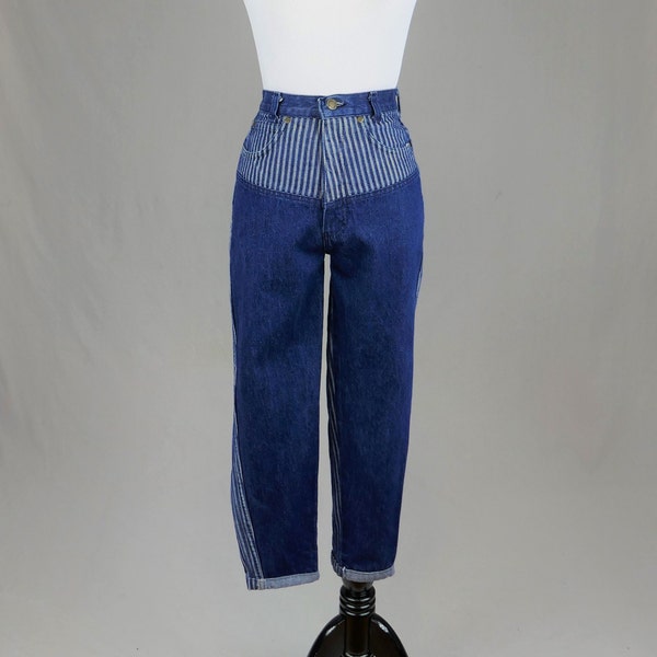 80s Striped Brooks Jeans - 23" or snug 24" waist - Blue Cotton Denim Pants - Vintage 1980s - hemmed 25" inseam - XS XXS