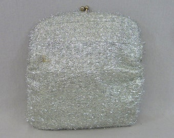 60s Silver Metallic Evening Bag - St Thomas Eyelash Tinsel Clutch - Vintage 1960s Purse Handbag