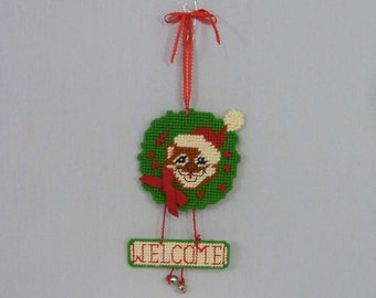 Vintage Christmas Chipmunk Welcome Sign - Needlepoint on Plastic Canvas - Squirrel Wreath Santa Hat Bell Red Bow