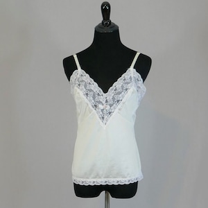 80s Off-White Camisole - Lace Trim - Nylon Cami Blouse Slip - Sliperfection - Vintage 1980s - Size M
