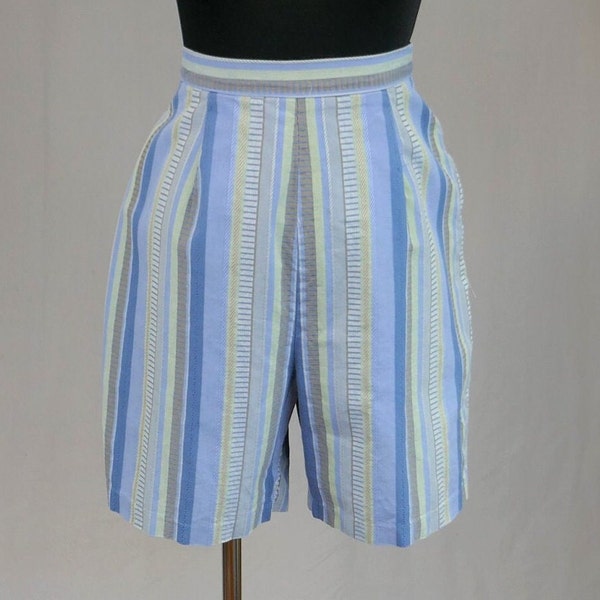 60s Striped Shorts - 29" waist - Blue Gray Green - High Rise - Side Metal Zipper - Vintage 1960s - M