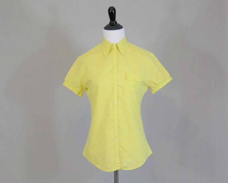 60s Yellow Blouse w/ Little White Dots Button Front Woven Cotton Short Sleeves Vintage 1960s S image 1