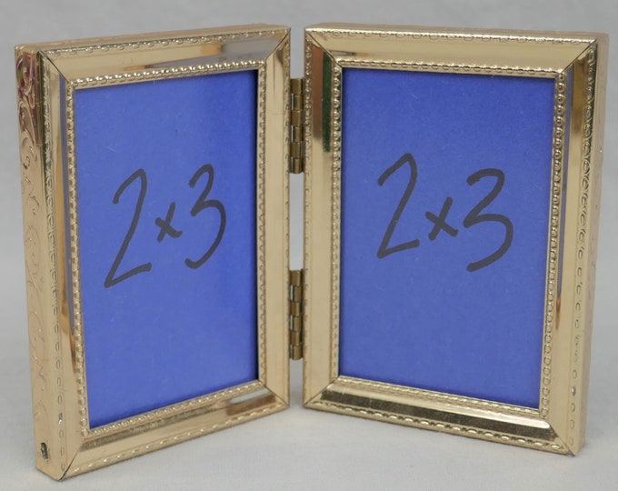 Small Vintage Hinged Double Picture Frame Gold Tone Metal W/ Nonglare